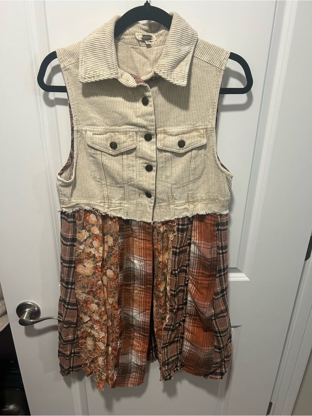 gimmicks by BKE Cream Corduroy Top with Orange Plaid & Floral Patchwork - Small